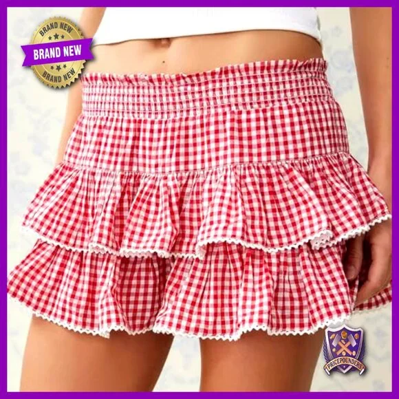 Gingham Mini Skirt Elastic Waist Ruffle Layered Plaid Y2K Retro Chic - Picture 4 of 5